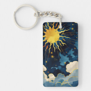 Modern Celestial Sun Stars and Blue Clouds Key Ring