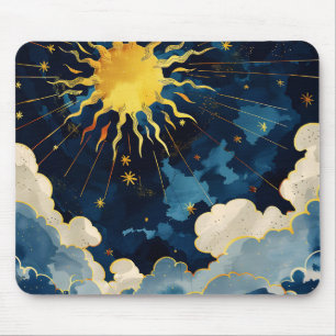 Modern Celestial Sun Stars and Blue Clouds Mouse Pad