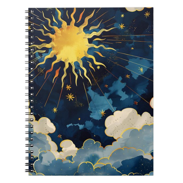 Modern Celestial Sun Stars and Blue Clouds Notebook (Front)