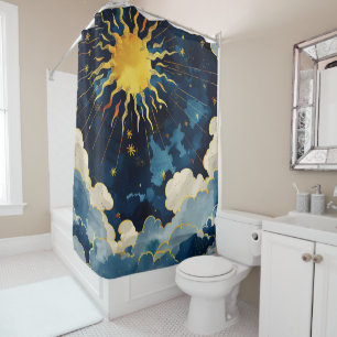 Modern Celestial Sun Stars and Blue Clouds Shower Curtain