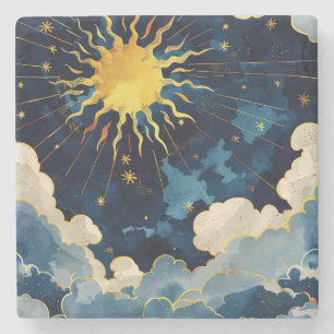 Modern Celestial Sun Stars and Blue Clouds Stone Coaster