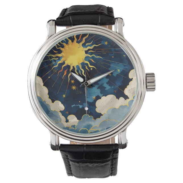 Modern Celestial Sun Stars and Blue Clouds Watch (Front)
