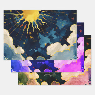 Modern Celestial Sun Stars and Blue Clouds Wrapping Paper Sheet