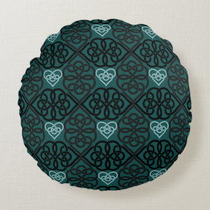 Modern Celtic Knot And Heart Dark Teal Pattern Round Cushion