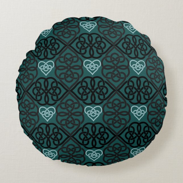 Modern Celtic Knot And Heart Dark Teal Pattern Round Cushion (Front)