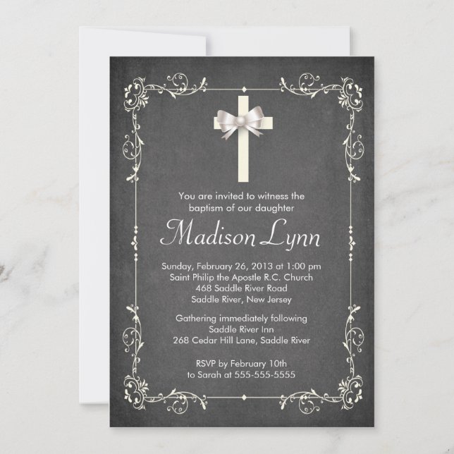 Modern Chalkboard Baptism Christening Cross Invitation (Front)
