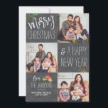 Modern Chalkboard Custom Photo Holiday Christmas<br><div class="desc">The design features 3 of your favourite family holiday photos. "Merry Christmas and a Happy New Year from" is in a modern script and font typography with christmas balls and foliage accents. Personalise it with your favourite photos,  names and message.</div>