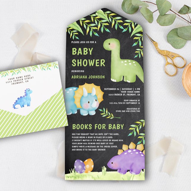 Modern Chalkboard Cute Little Dinosaur Baby Shower All In One Invitation (Creator Uploaded)