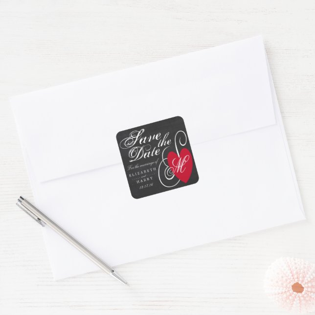 Modern Chalkboard Fancy Heart Save the Date Square Sticker (Envelope)