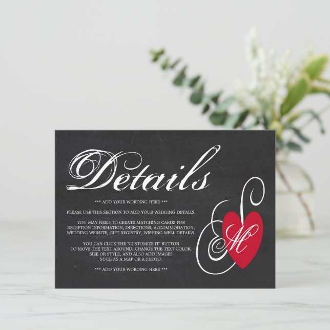 Modern Chalkboard Fancy Heart Wedding Detail Enclosure Card (Standing Front)
