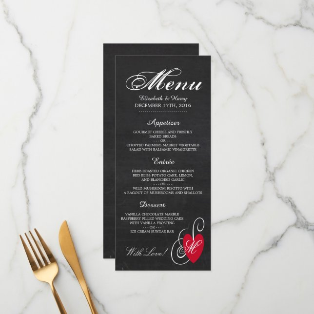 Modern Chalkboard Fancy Heart Wedding Menu (Front/Back In Situ)