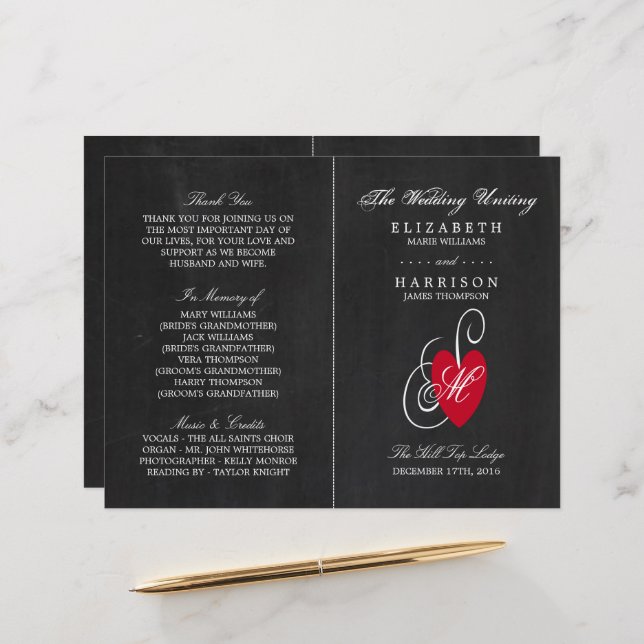 Modern Chalkboard Fancy Heart Wedding Program (Front/Back In Situ)