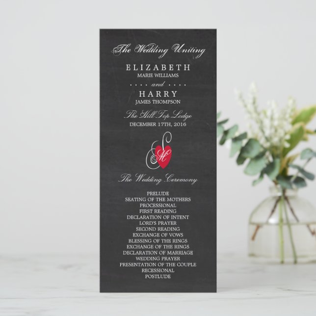 Modern Chalkboard Fancy Heart Wedding Program (Standing Front)