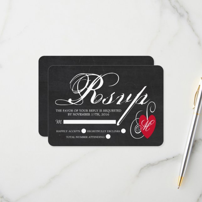 Modern Chalkboard Fancy Heart Wedding RSVP Card (Front/Back In Situ)