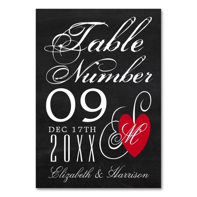 Modern Chalkboard Fancy Heart Wedding Table No. Number (Front)