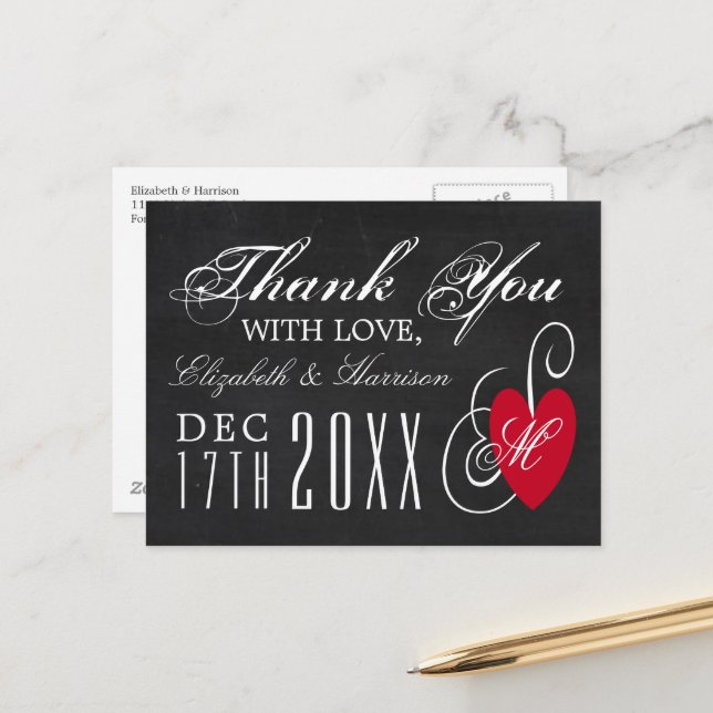 Modern Chalkboard Fancy Heart Wedding Thank You Postcard (Front/Back In Situ)