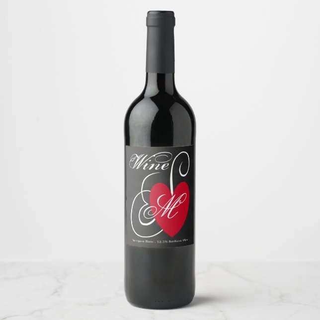 Modern Chalkboard Fancy Heart Wedding Wine Label (Front)