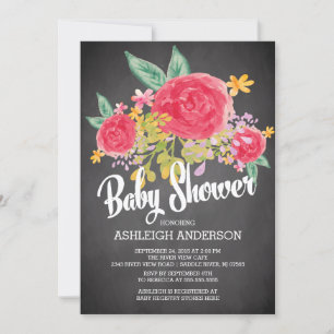 Modern Chalkboard Flowers Girls Baby Shower Invitation