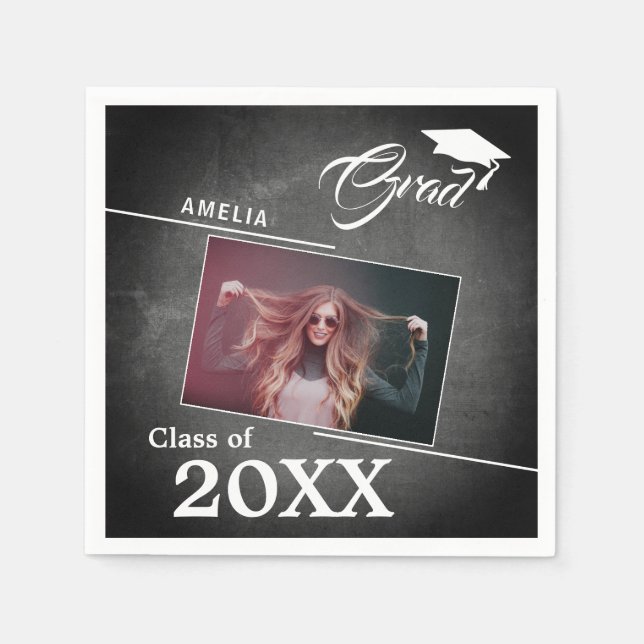 Modern Chalkboard Graduate Photo Graduation Party Napkin (Front)