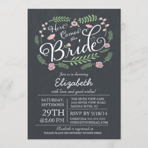 Modern Chalkboard Here Comes The Bride Floral Invitation