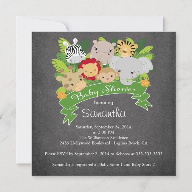 Modern Chalkboard Jungle Safari Animal Baby Shower Invitation (Front)