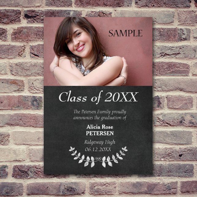 Modern Chalkboard Laurel Leaf Graduation Announcement (Creator Uploaded)