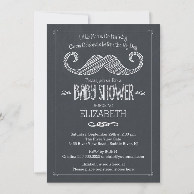 Modern Chalkboard Little Man Moustache Baby Shower Invitation (Front)