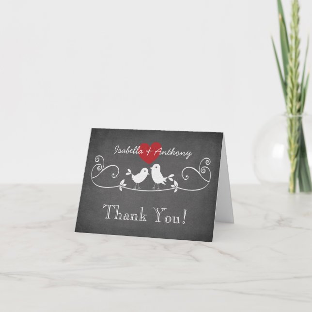 Modern Chalkboard Love Birds Thank You Note Card (Front)