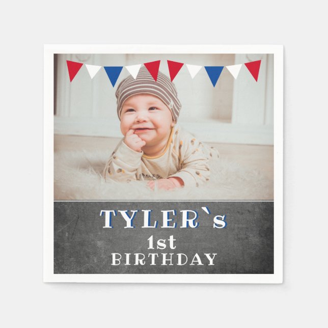 Modern Chalkboard Photo 1st Birthday Party Napkin (Front)