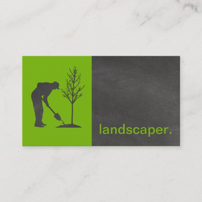 Modern Chalkboard Silhouette Landscaper | green Business Card (Front)