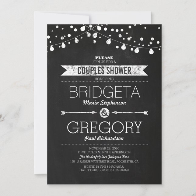 Modern Chalkboard String Lights Couples Shower Invitation (Front)