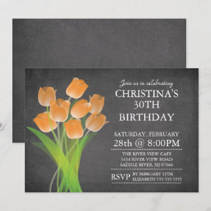 Modern Chalkboard Typographic Tulip Birthday Party Invitation