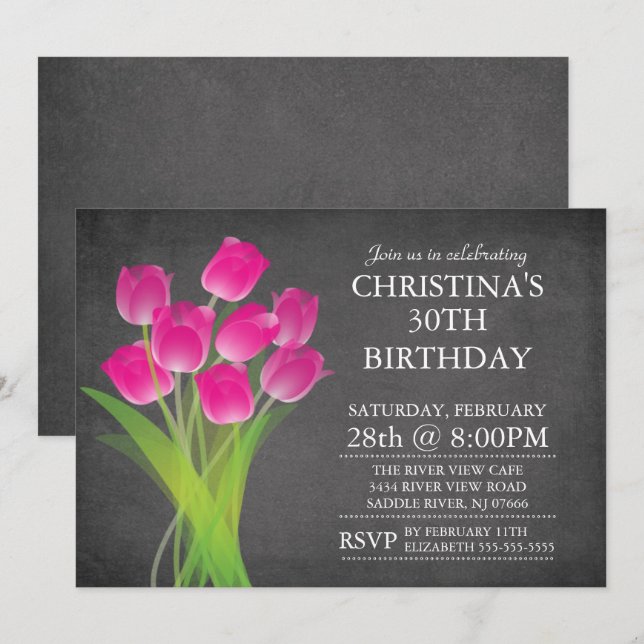 Modern Chalkboard Typographic Tulip Birthday Party Invitation (Front/Back)