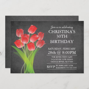 Modern Chalkboard Typographic Tulip Birthday Party Invitation
