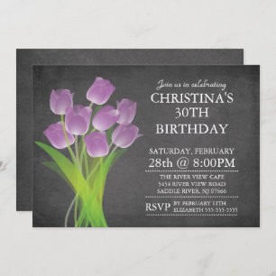 Modern Chalkboard Typographic Tulip Birthday Party Invitation