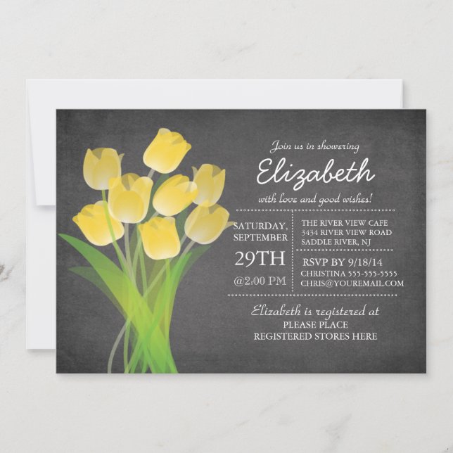 Modern Chalkboard Yellow Tulip Girls Baby Shower Invitation (Front)