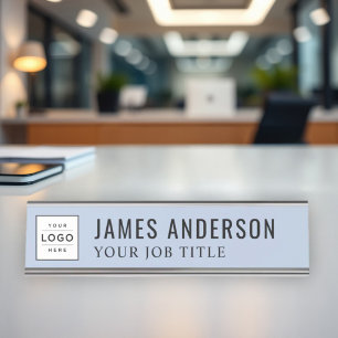 Modern Chambray Blue Logo Employee Desk Name Plate