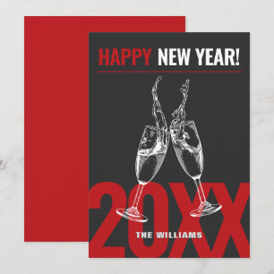Modern champagne cheers dark red happy new year holiday card