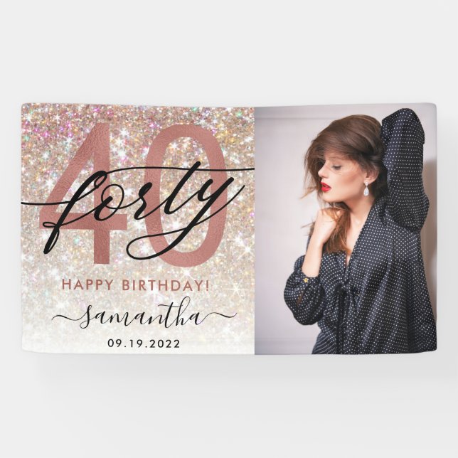 Modern Champagne Glitter 40th Birthday Photo Banner (Horizontal)