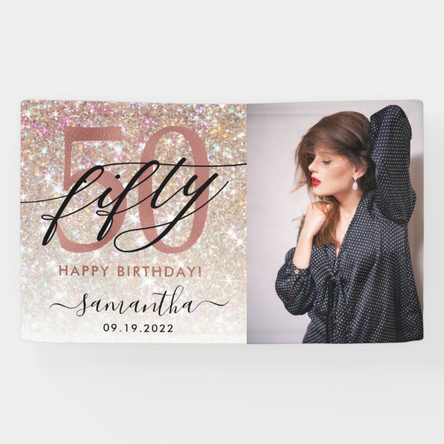 Modern Champagne Glitter 50th Birthday Photo  Banner (Horizontal)