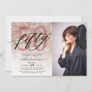 Modern Champagne Glitter 50th Birthday Photo Invitation