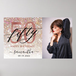 Modern Champagne Glitter 50th Birthday Photo  Post Poster