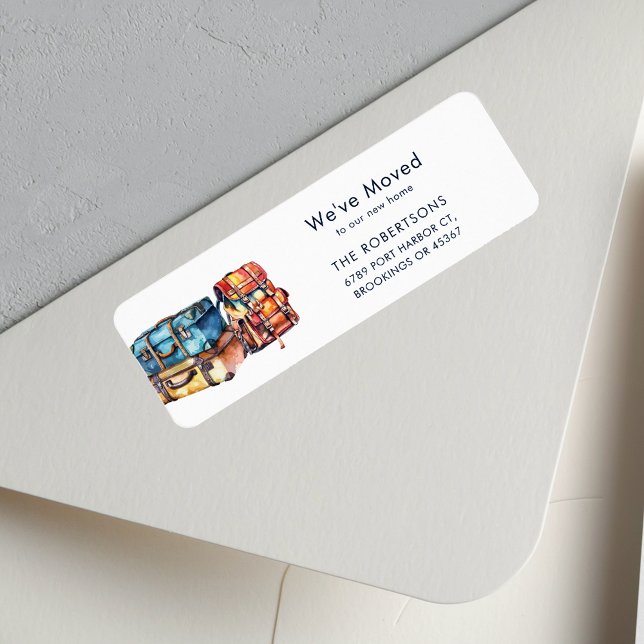 Modern Change of Address Return Address Label (We've Moved Watercolor Luggages Return Address Label)