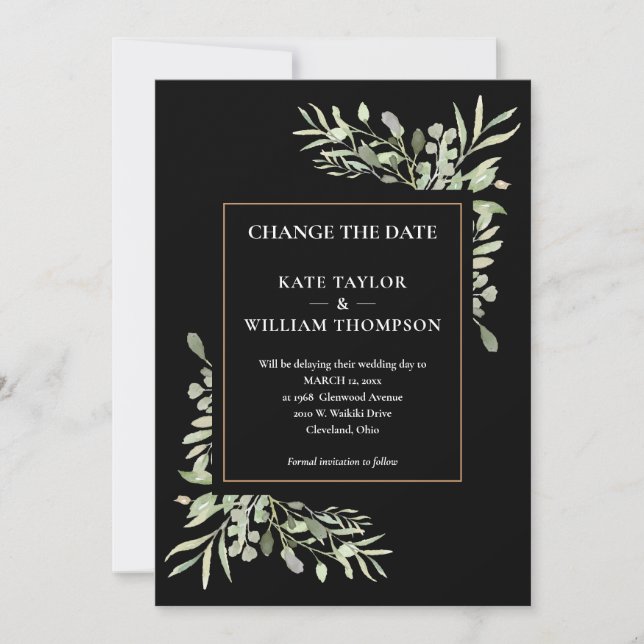 Modern Change the Date Gold Black Greenery Leaves Invitation (Front)