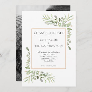 Modern Change the Date Watercolour Greenery Photo Invitation