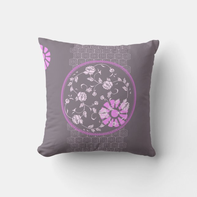 Modern Charcoal Blush Pink Stylised Peony Pattern Cushion (Front)