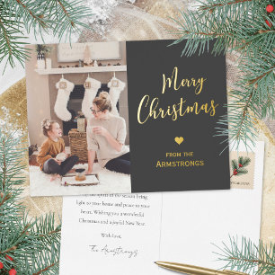 Modern Charcoal Gold Script Photo Christmas Foil Holiday Postcard