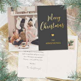 Modern Charcoal Gold Script Photo Christmas Foil Holiday Postcard