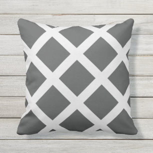 Modern Charcoal Grey and White Criss Cross Stripes Outdoor Cushion