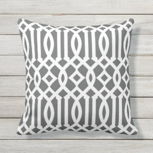 Modern Charcoal Grey and White Trellis Pattern Outdoor Cushion